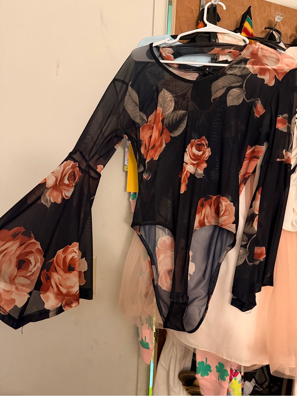 Stella Tweed Black Mesh Floral Bell-Sleeve Bodysuit with Peach Roses